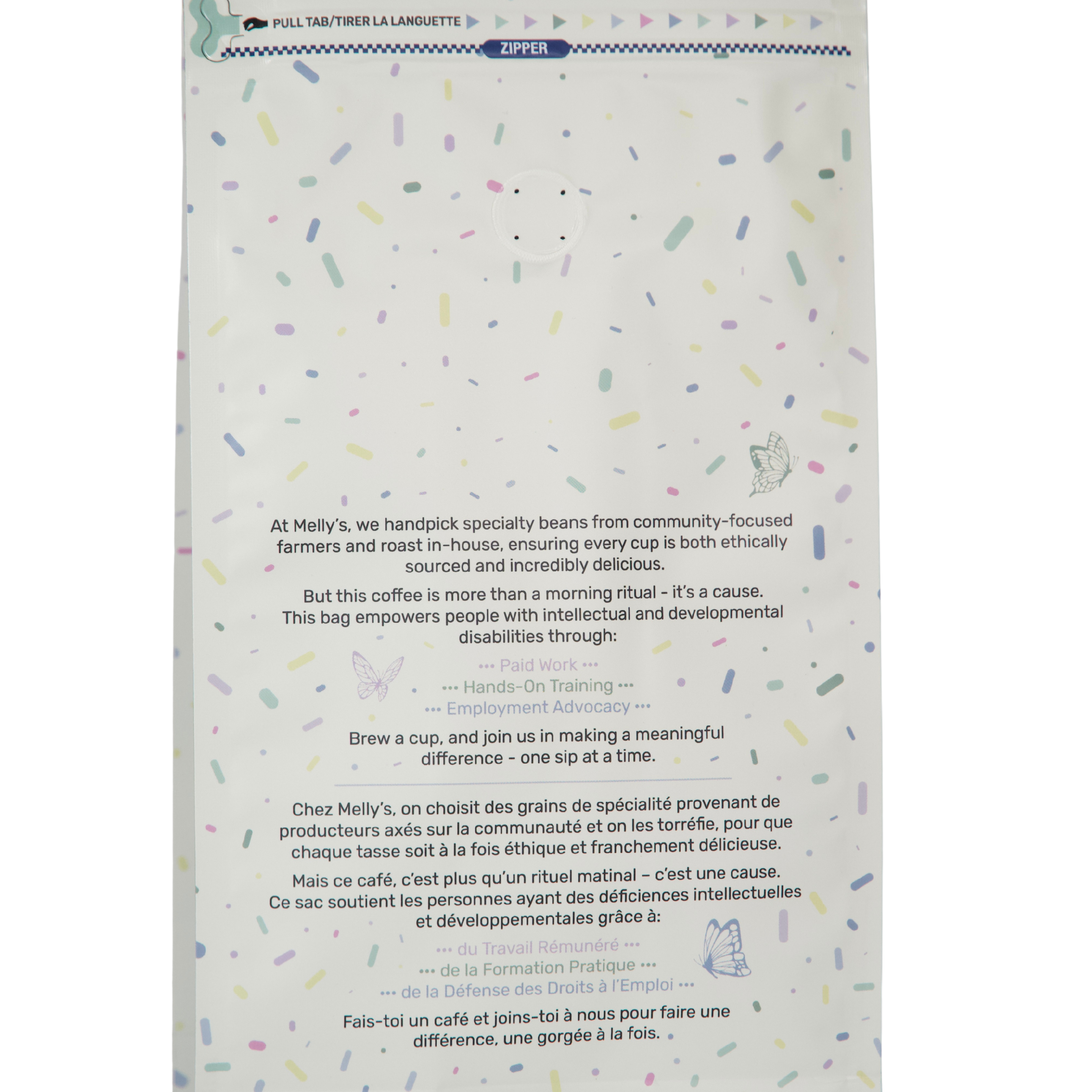 Back of Melly's Sumatra coffee bag showing mission statement and product details in English and French