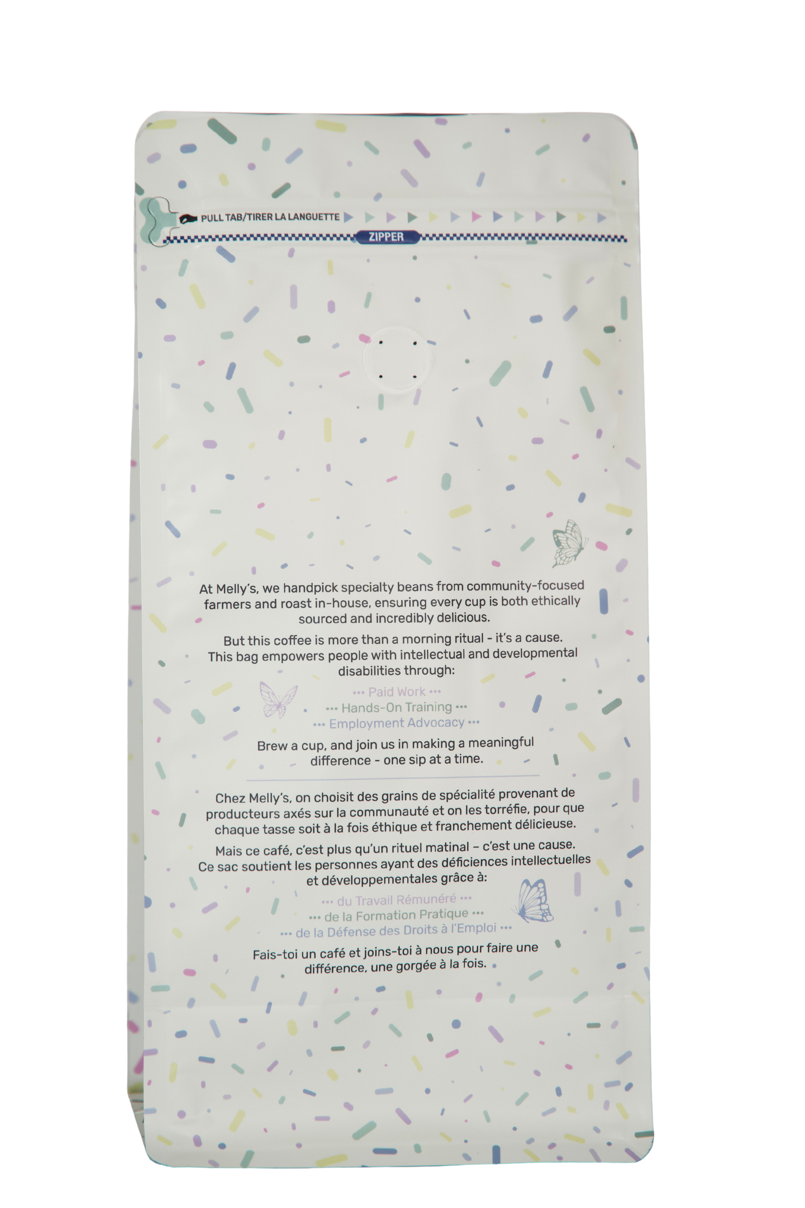 Back of Melly's Peru coffee bag showing mission statement and product details in English and French