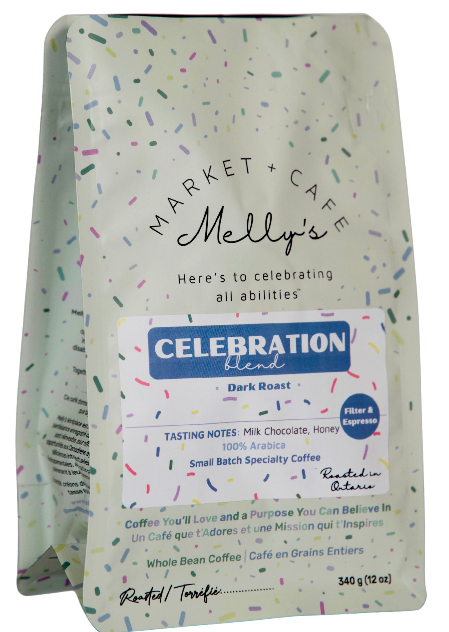 Melly's Celebration Blend Dark Roast Coffee 340g bag - 100% Arabica small-batch roasted in Ontario