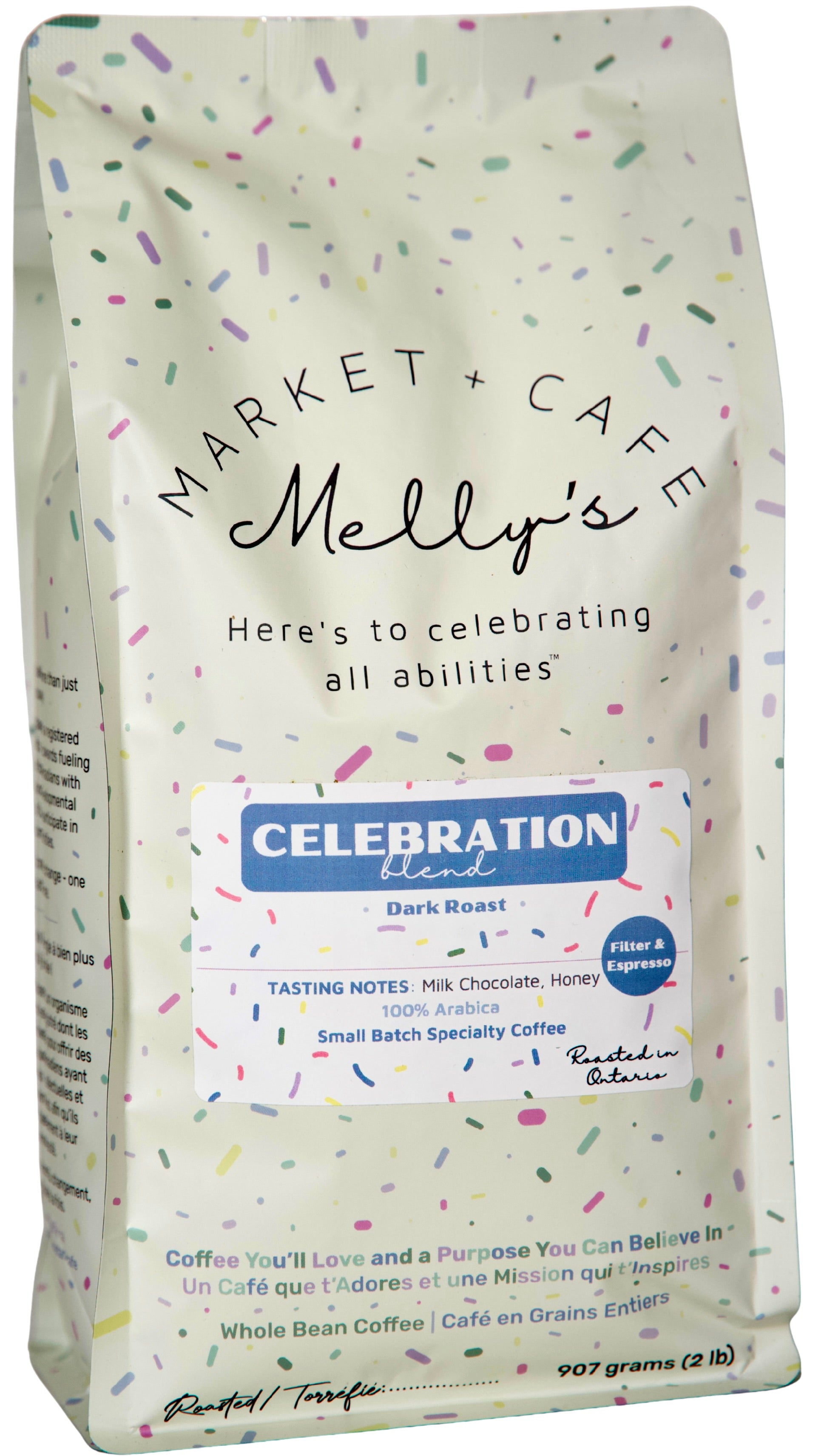 Melly's Celebration Blend Dark Roast Coffee 2lb bag - whole bean specialty coffee roasted in Ontario