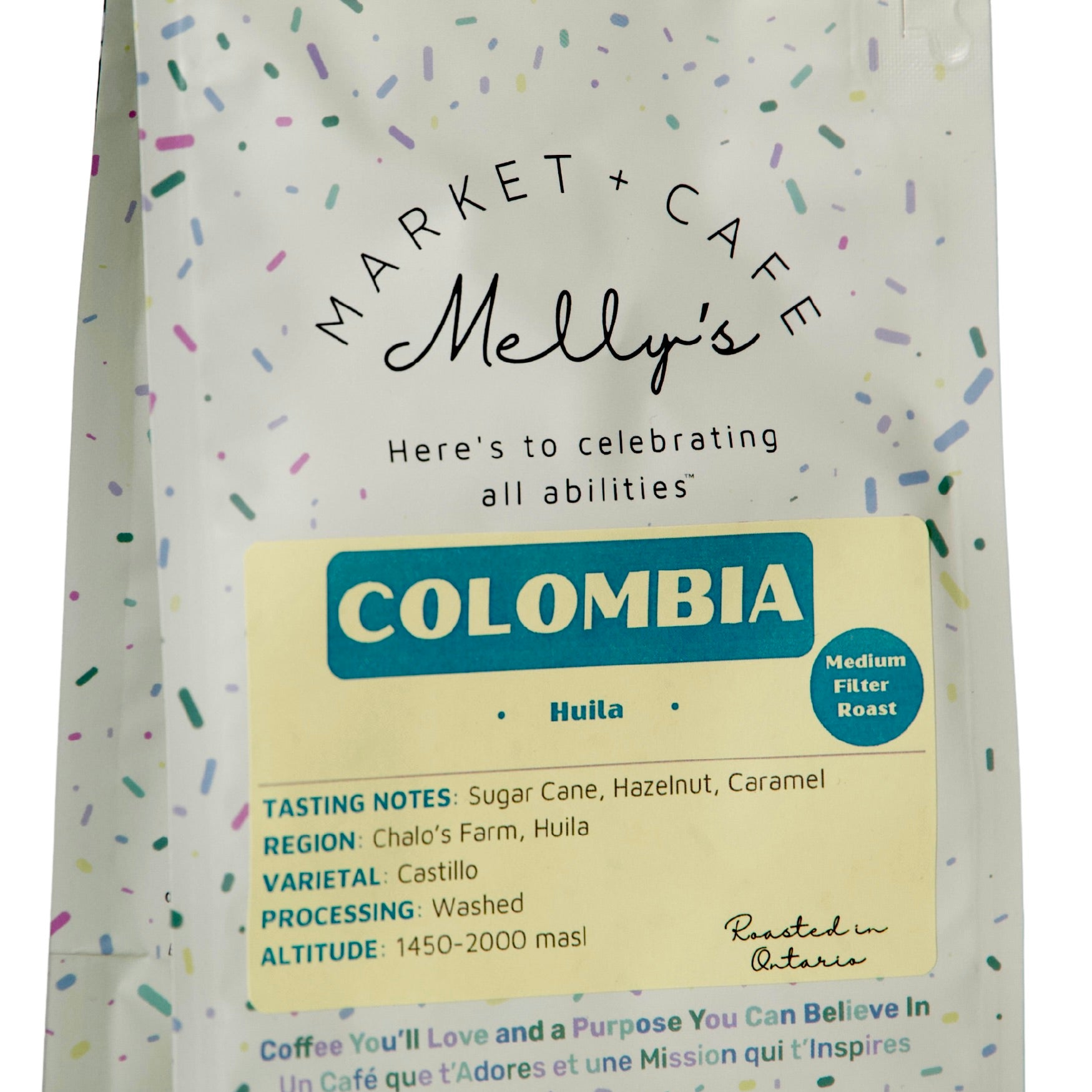 Melly's Colombia Medium Roast Coffee 340g bag - Huila region, specialty grade, whole bean, roasted in Whitby Ontario