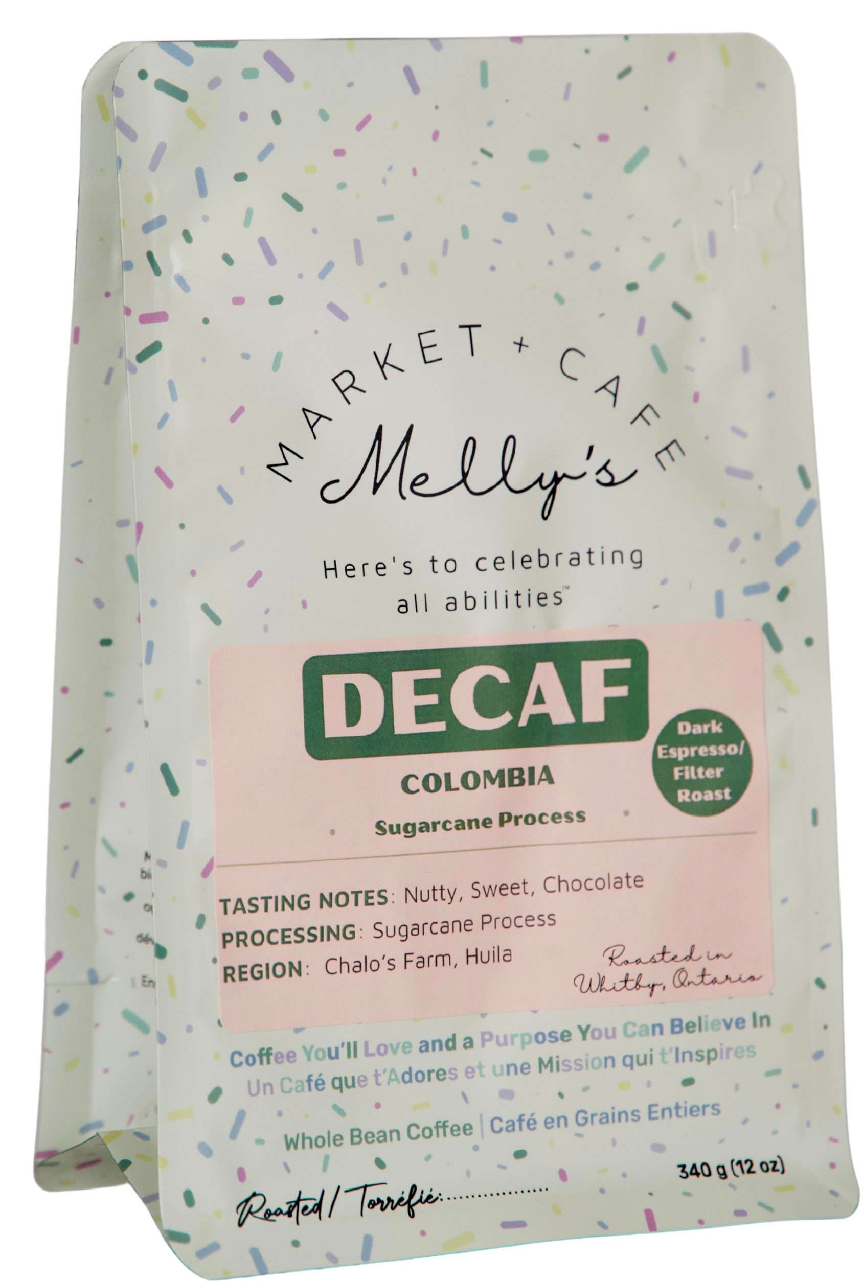 Melly's Decaf Dark Roast Coffee 340g bag - Colombia Sugarcane Process, whole bean, roasted in Whitby Ontario