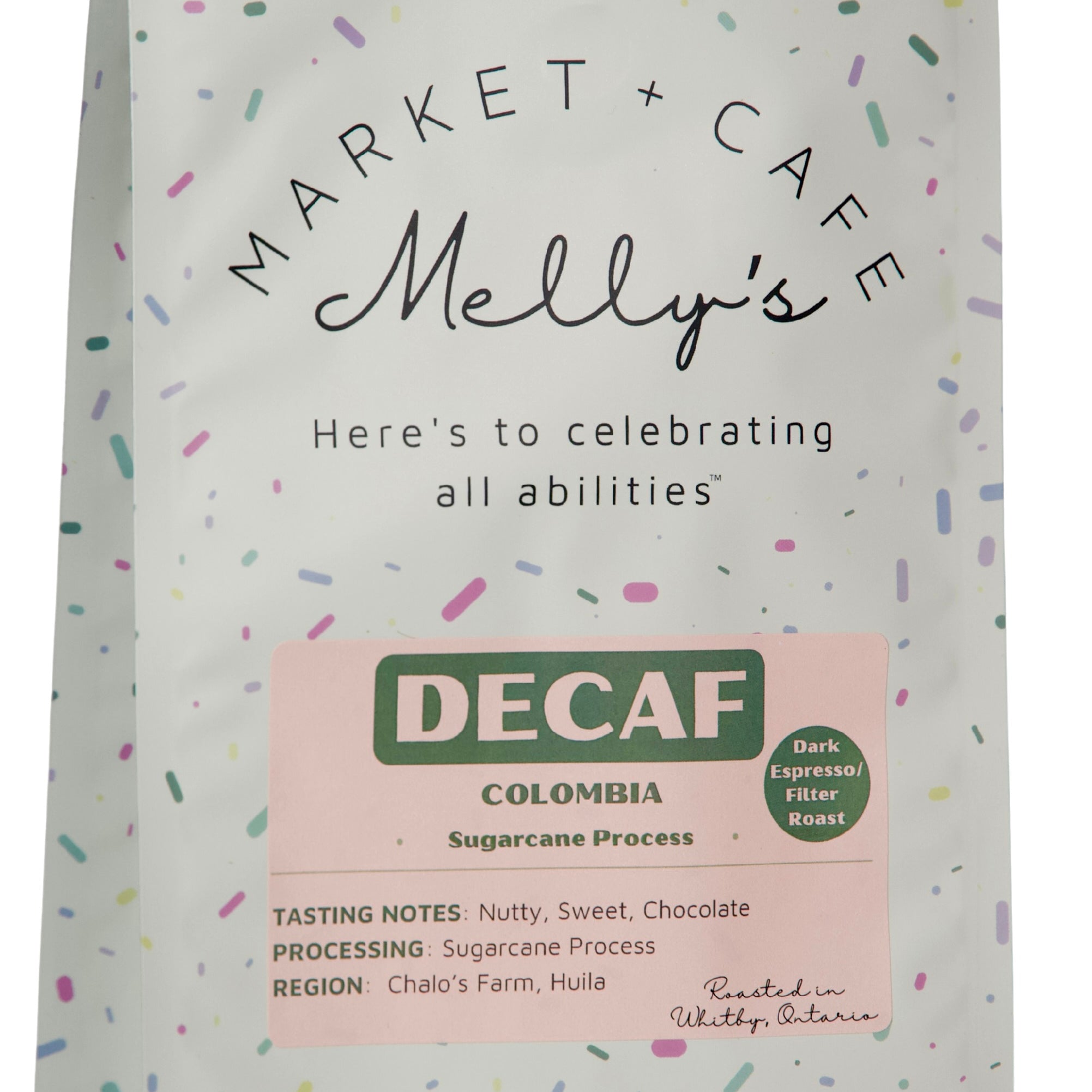 Melly's Decaf Dark Roast Coffee 2lb bag - Colombia Sugarcane Process, whole bean specialty coffee roasted in Ontario