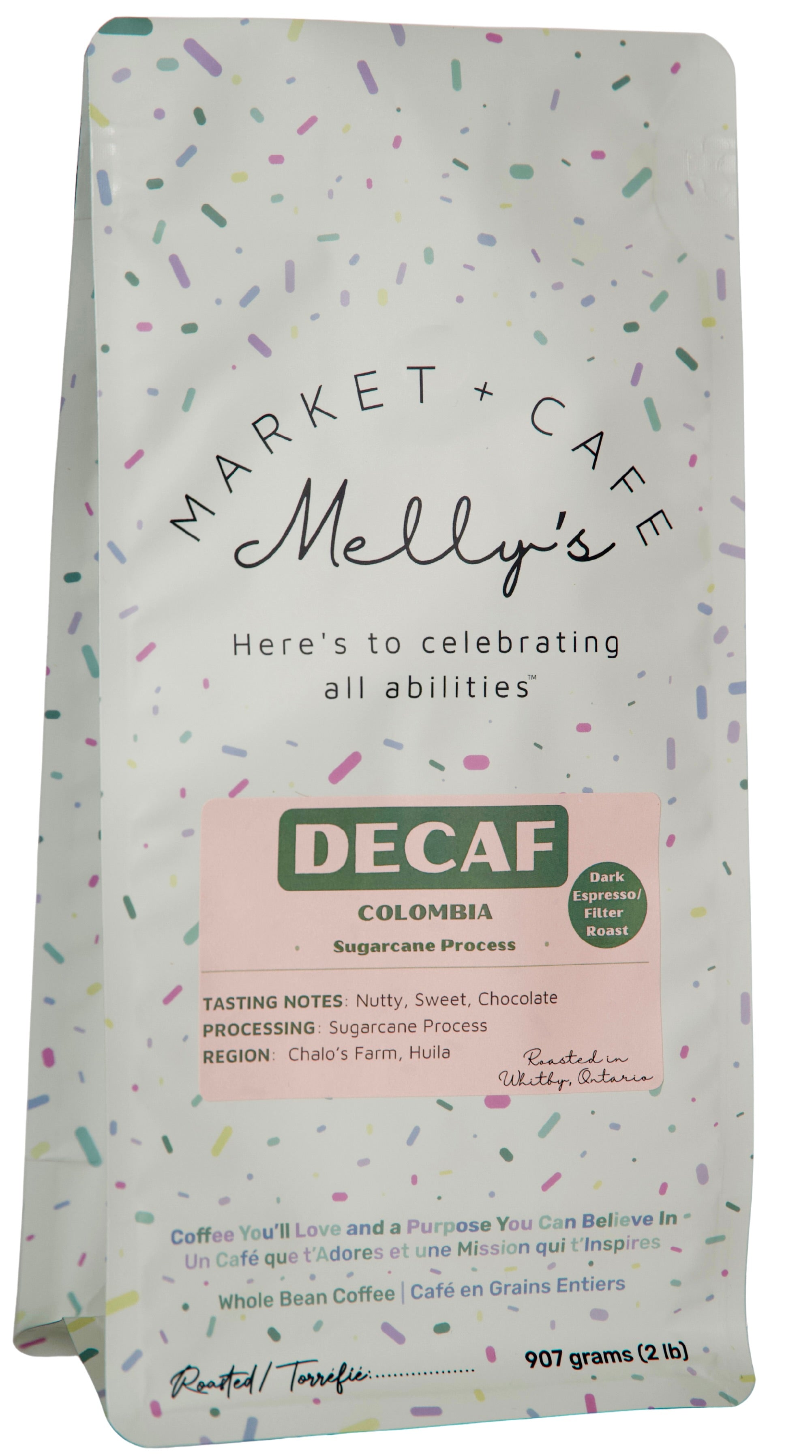 Melly's Decaf Dark Roast Coffee 2lb bag - Colombia Sugarcane Process, whole bean specialty coffee roasted in Ontario