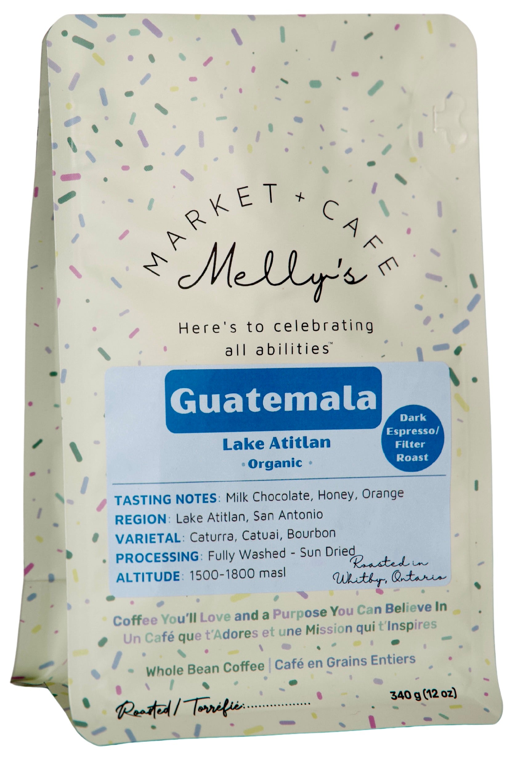 Melly's Organic Guatemala Dark Roast Coffee 340g bag - Lake Atitlan single origin, whole bean, roasted in Whitby Ontario