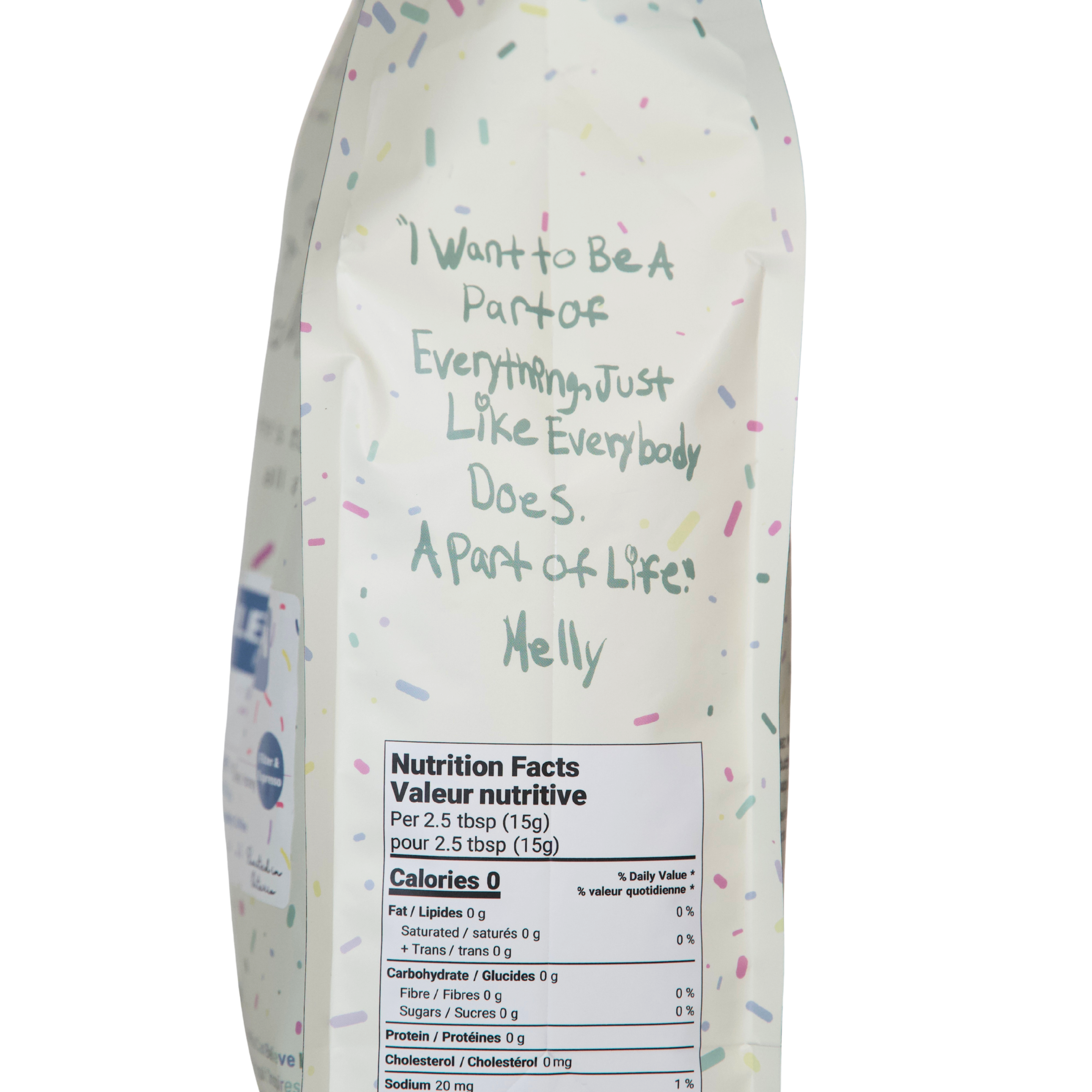 Melly's Sumatra coffee bag side panel showing inspirational quote from Melly and nutrition facts