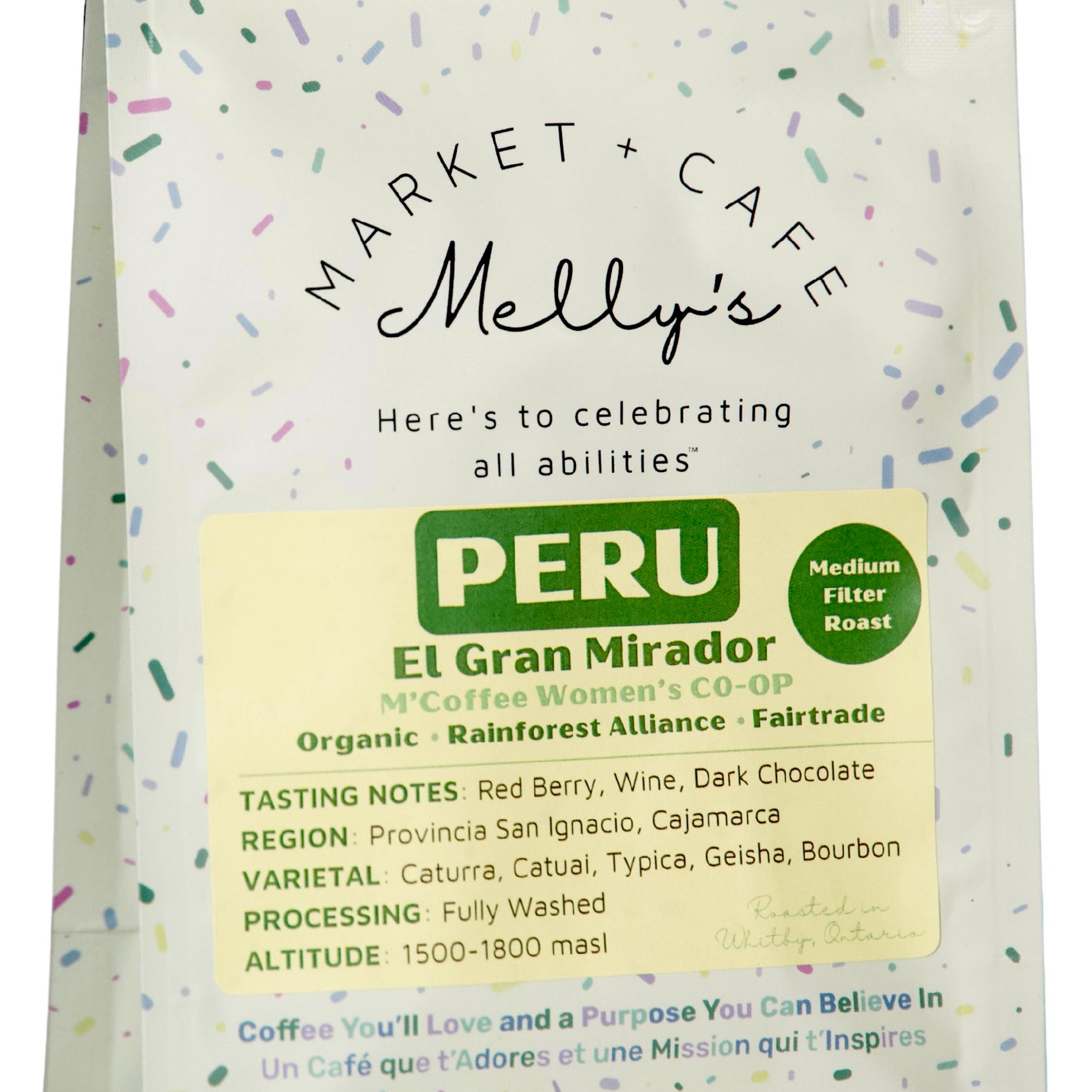 Melly's Organic Peru Medium Roast Coffee 340g bag - El Gran Mirador, Fairtrade, ethically sourced, roasted in Whitby Ontario
