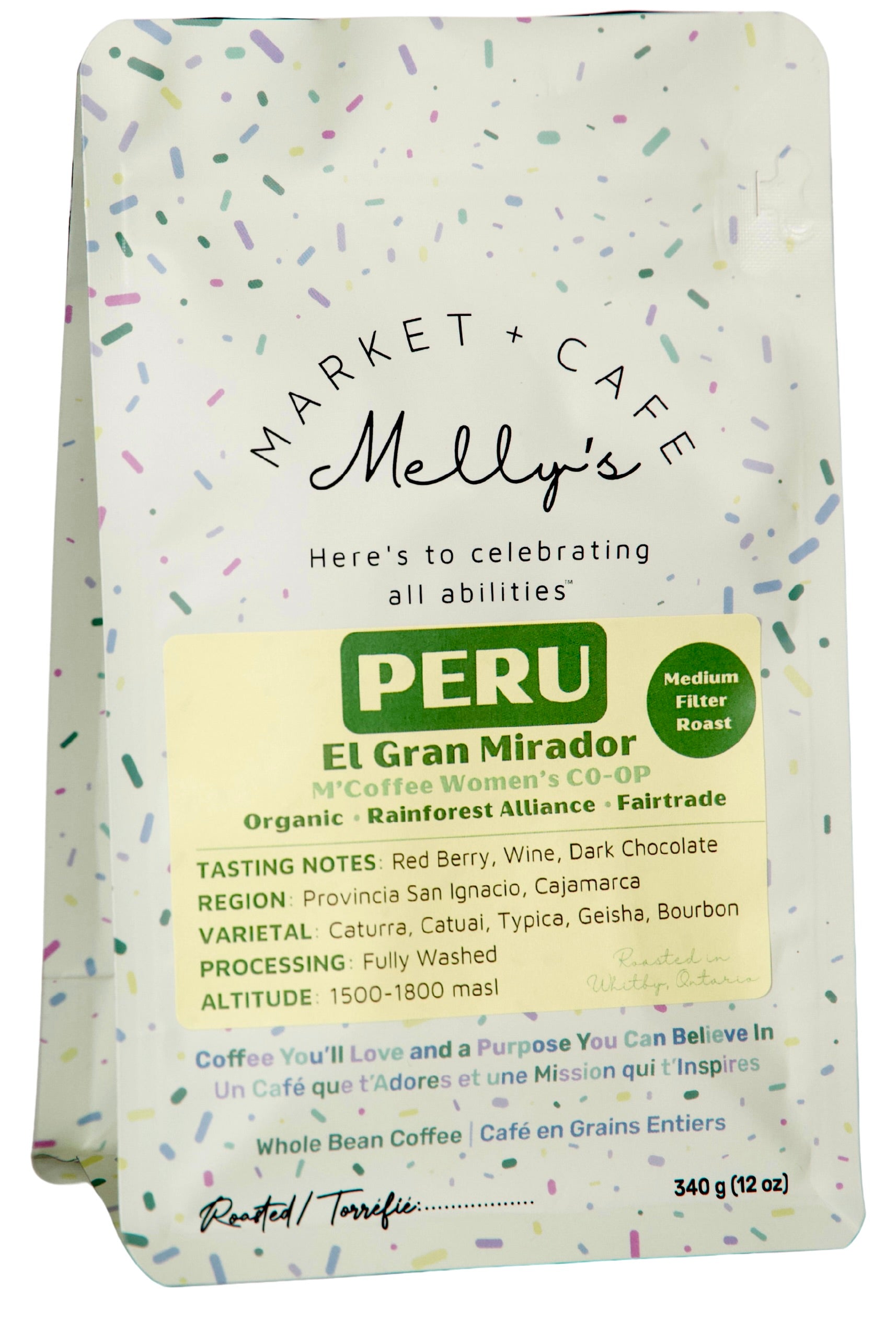 Melly's Organic Peru Medium Roast Coffee 340g bag - El Gran Mirador, Fairtrade, ethically sourced, roasted in Whitby Ontario