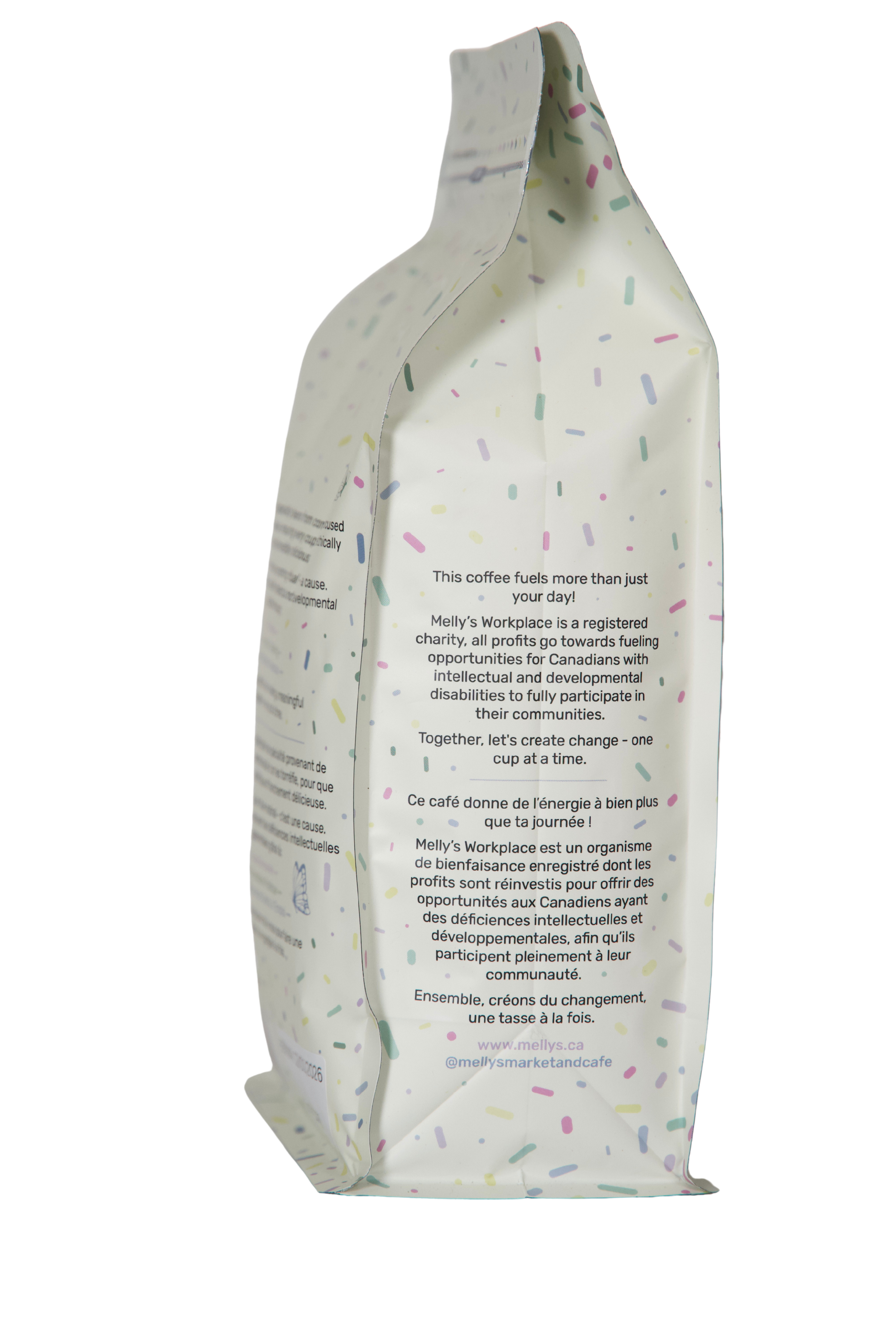Melly's Decaf coffee bag side panel describing charity mission supporting Canadians with disabilities in English and French