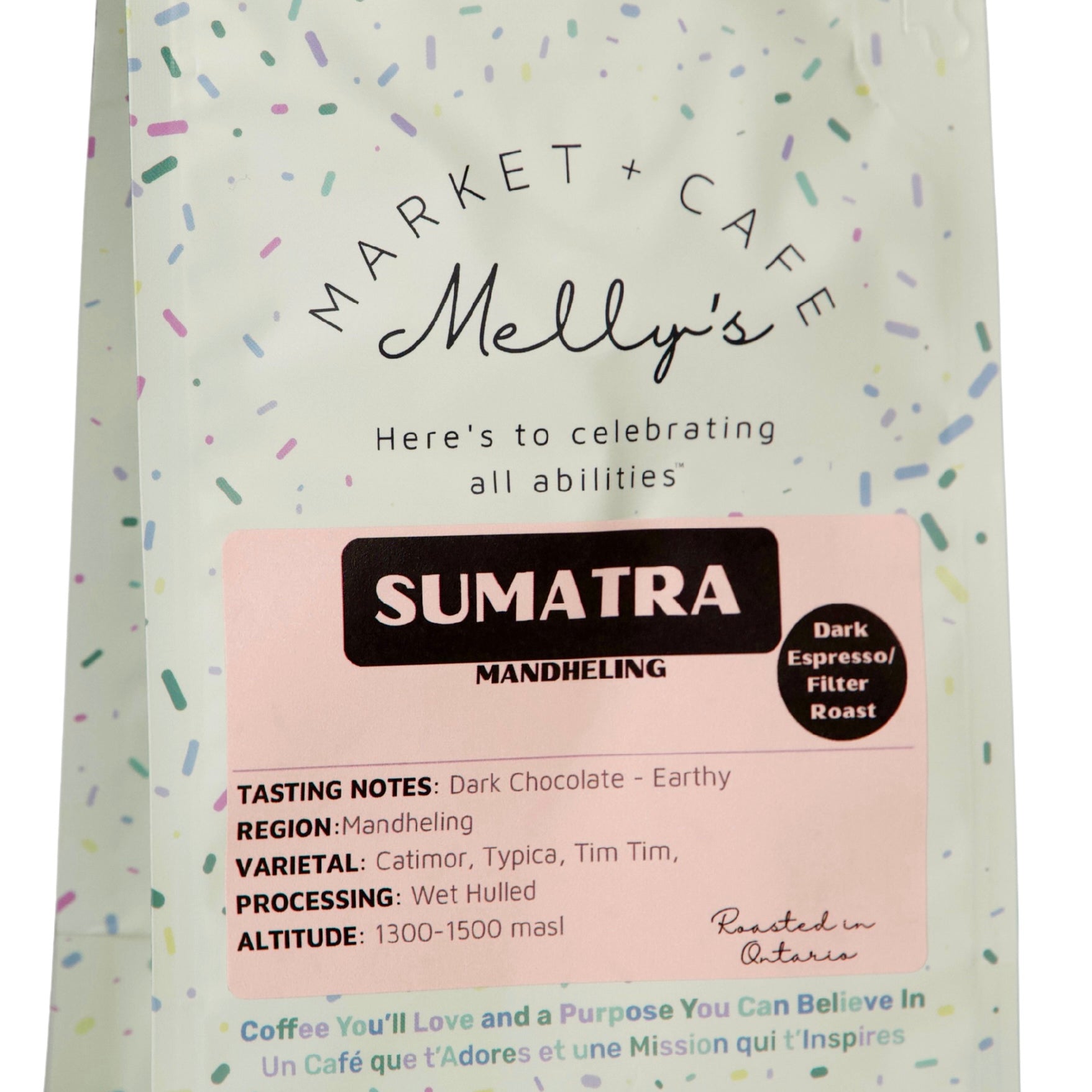 Melly's Sumatra Dark Roast Coffee 340g bag - Mandheling region, whole bean, roasted in Whitby Ontario